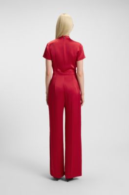 Regular-fit jumpsuit in satin with draped neckline detail, Red