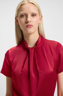 Regular-fit jumpsuit in satin with draped neckline detail, Red