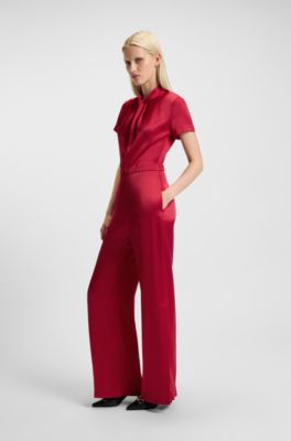 Regular-fit jumpsuit in satin with draped neckline detail, Red
