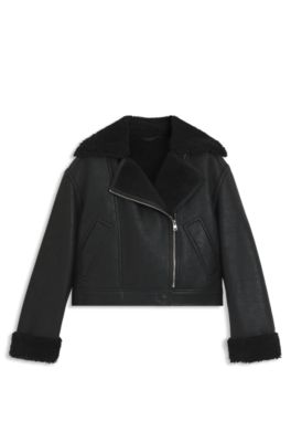 Oversized-fit faux-leather jacket with faux shearling, Black