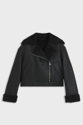 Oversized-fit faux-leather jacket with faux shearling, Black