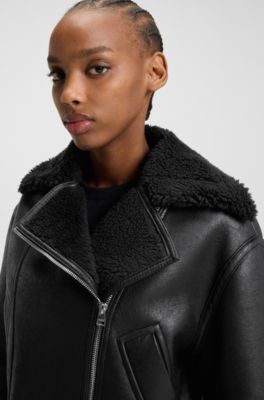 Oversized-fit faux-leather jacket with faux shearling, Black