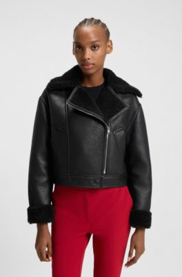 Oversized-fit faux-leather jacket with faux shearling, Black