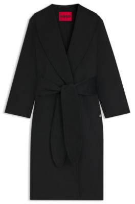Relaxed-fit robe-style coat with tie-up belt, Black