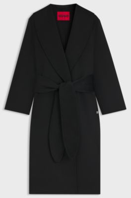 Relaxed-fit robe-style coat with tie-up belt, Black