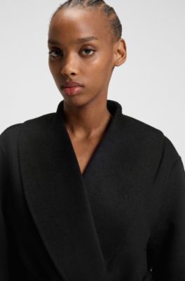 Relaxed-fit robe-style coat with tie-up belt, Black
