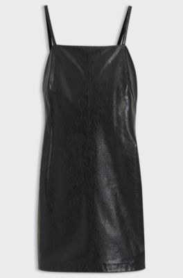 Strappy mini dress in faux leather with embossed pattern, Black