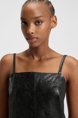Strappy mini dress in faux leather with embossed pattern, Black