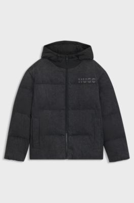 Relaxed-fit padded jacket in black denim with logos, Black