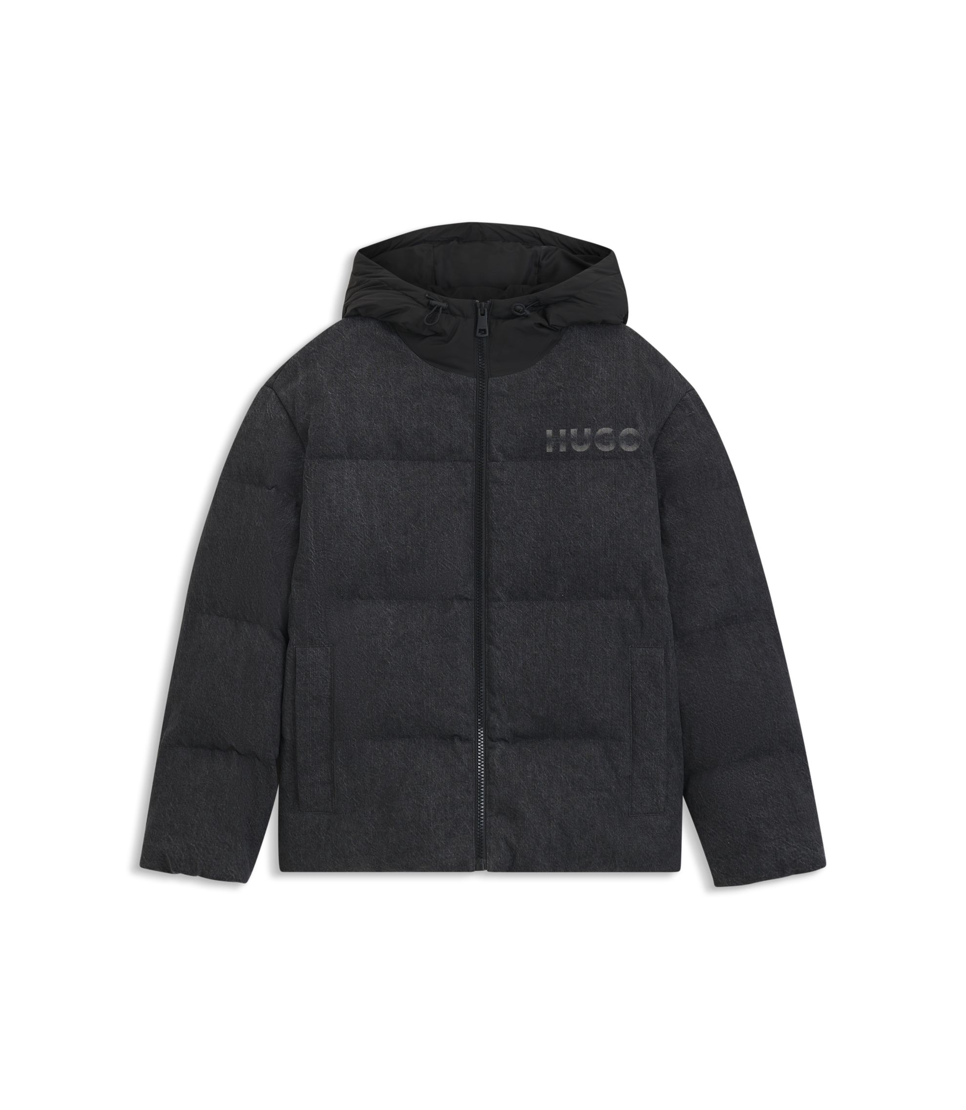 HUGO Relaxed-fit padded jacket in black denim with logos Black