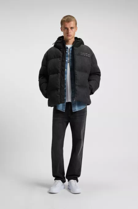 Relaxed-fit padded jacket in black denim with logos