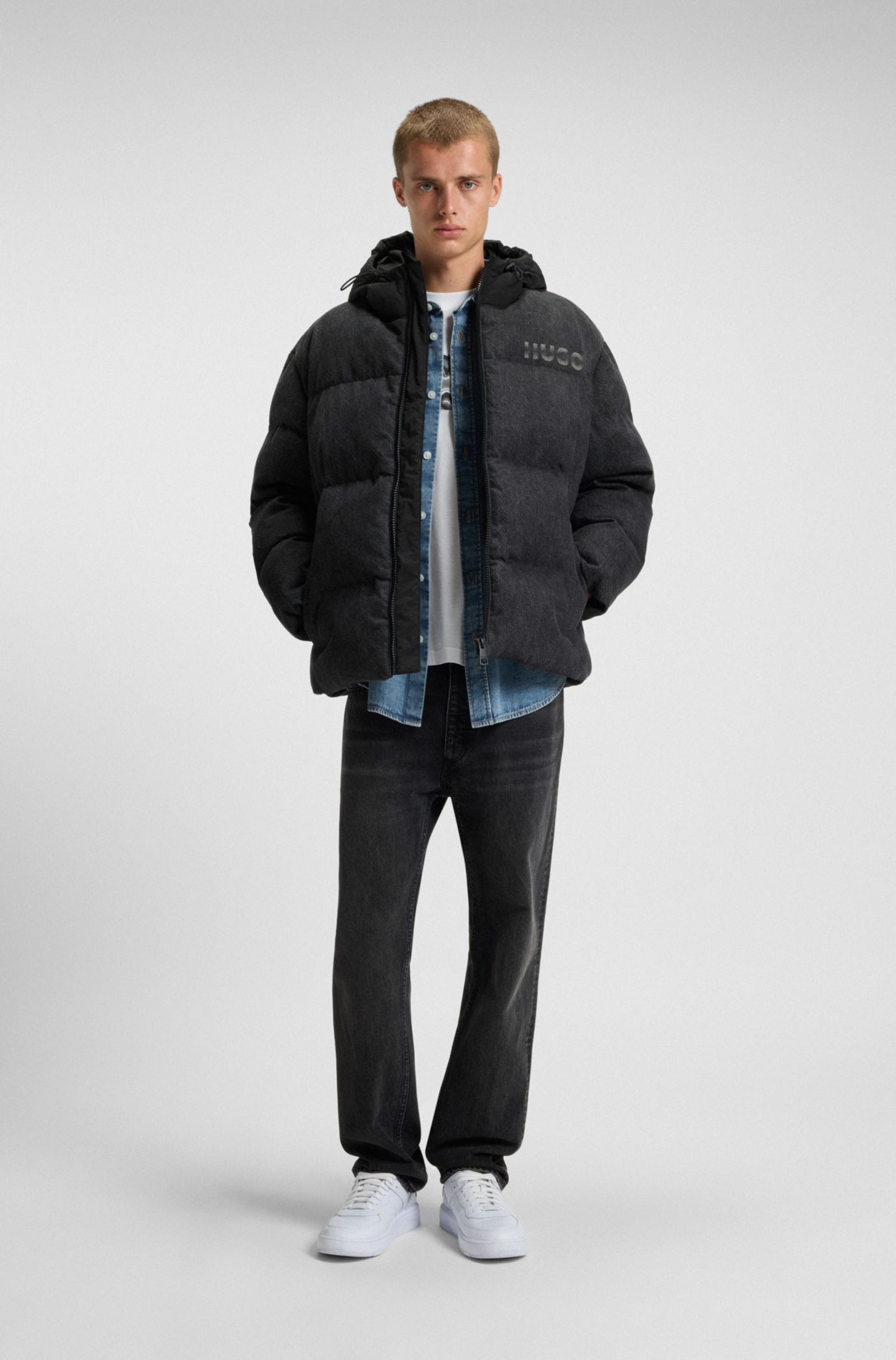 HUGO - Relaxed-fit padded jacket in black denim with logos - Black