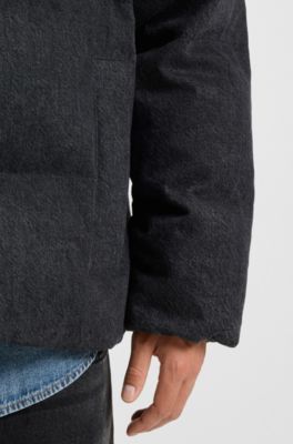 Wattierte Relaxed-Fit Jacke aus schwarzem Denim mit Logos, Schwarz
