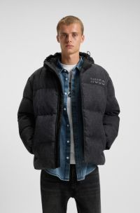 Relaxed-fit padded jacket in black denim with logos, Black