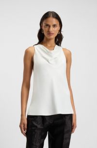 Sleeveless top in satin with draped neckline, White