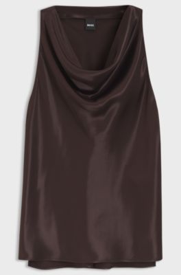 Cowl-neck blouse in satin, Brown