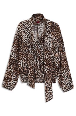 Oversized-fit leopard-print blouse with bow collar, Patterned