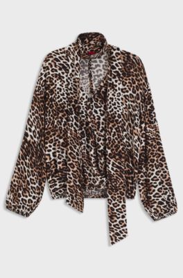 Camicetta oversize con motivo animalier e colletto con nodo a fiocco, A disegni