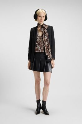 Oversized-fit leopard-print blouse with bow collar, Patterned