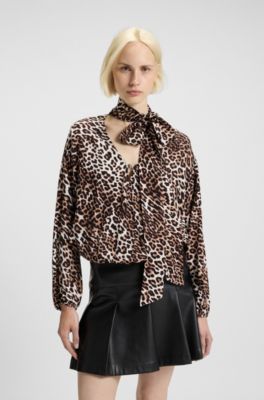 Oversized-fit leopard-print blouse with bow collar, Patterned