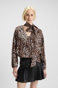Blusa oversize fit con estampado de leopardo y cuello con lazo, Fantasía