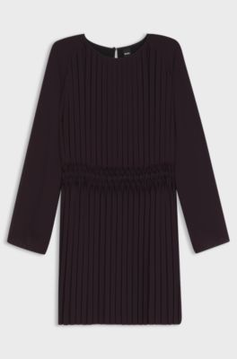 Vestito pliss&eacute; con elastico in vita a punto smock, Viola scuro