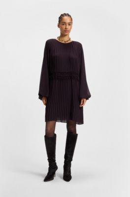Vestito pliss&eacute; con elastico in vita a punto smock, Viola scuro