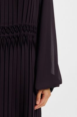 Pliss&eacute; dress with smocked waistband, Dark Purple