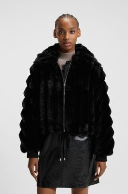Faux-fur jacket with adjustable hem, Black