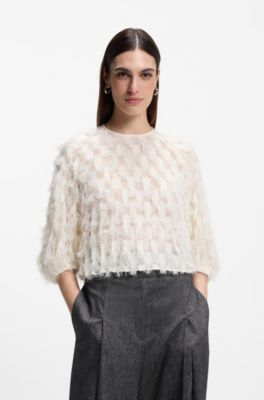 Relaxed-fit blouse in feather jacquard, Natural