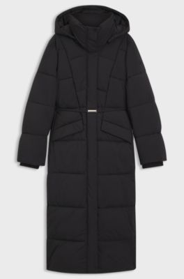 Long-length padded coat with metallic belt detail, Black