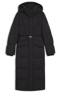 Long-length padded coat with metallic belt detail, Black