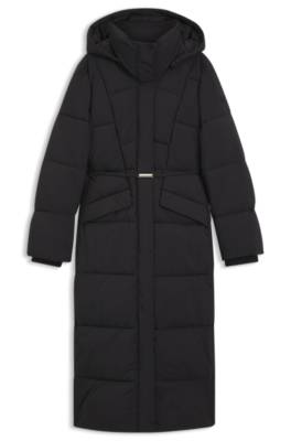 Long length padded coat with metallic belt detail