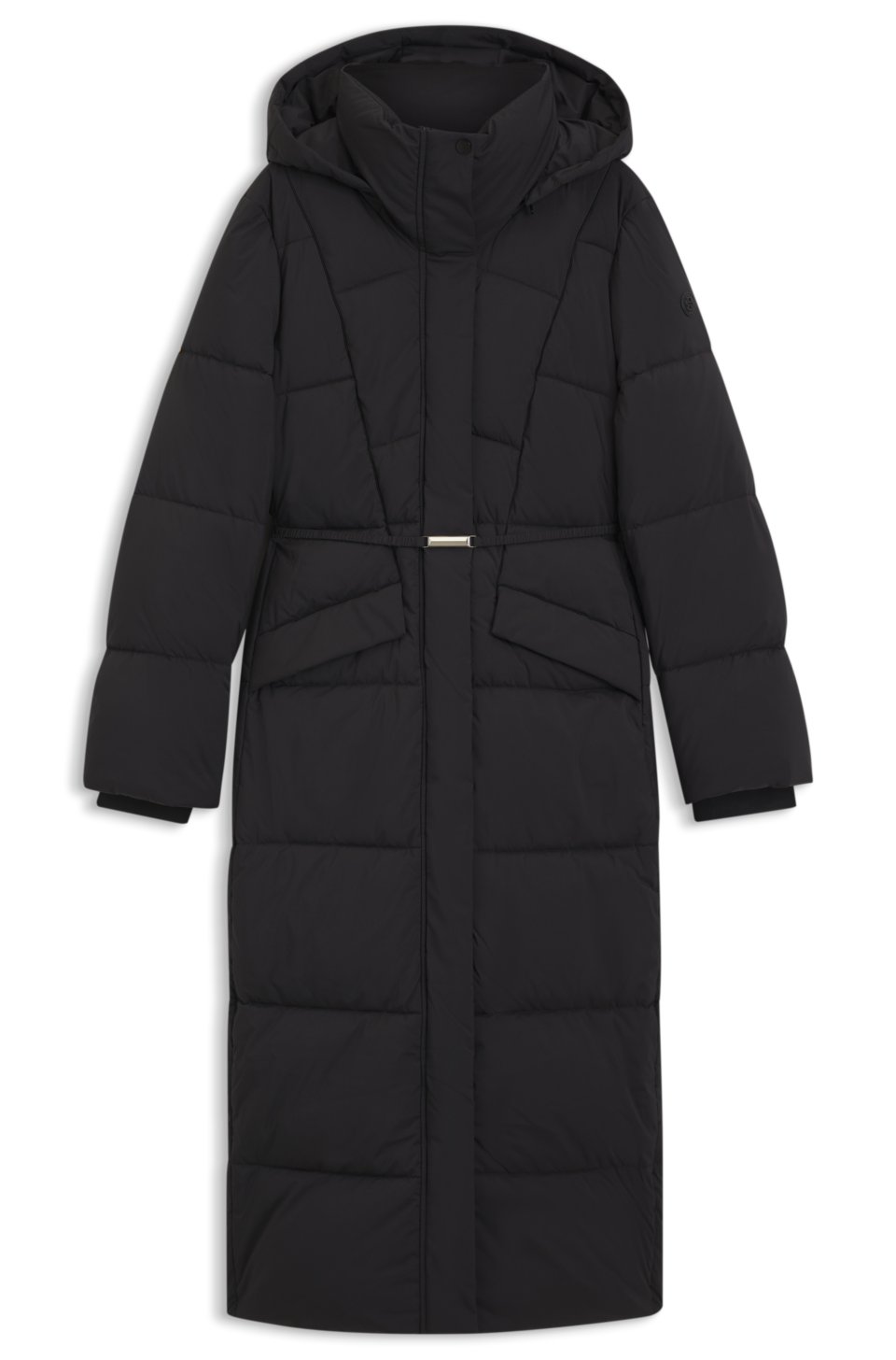 Long-length padded coat with metallic belt detail