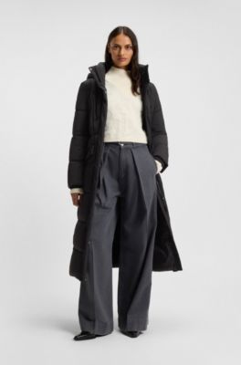 Long-length padded coat with metallic belt detail, Black