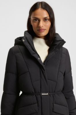 Long-length padded coat with metallic belt detail, Black