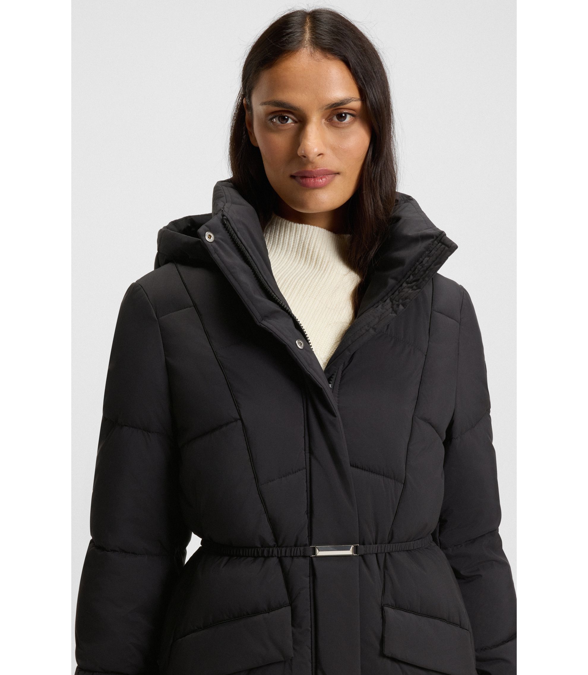 BOSS - ロング パデッドコート メタリックベルトディテール - ブラック