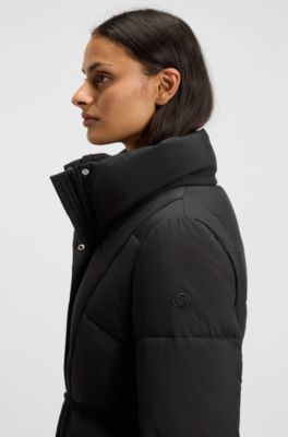 Long-length padded coat with metallic belt detail, Black