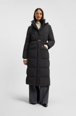 Long-length padded coat with metallic belt detail, Black