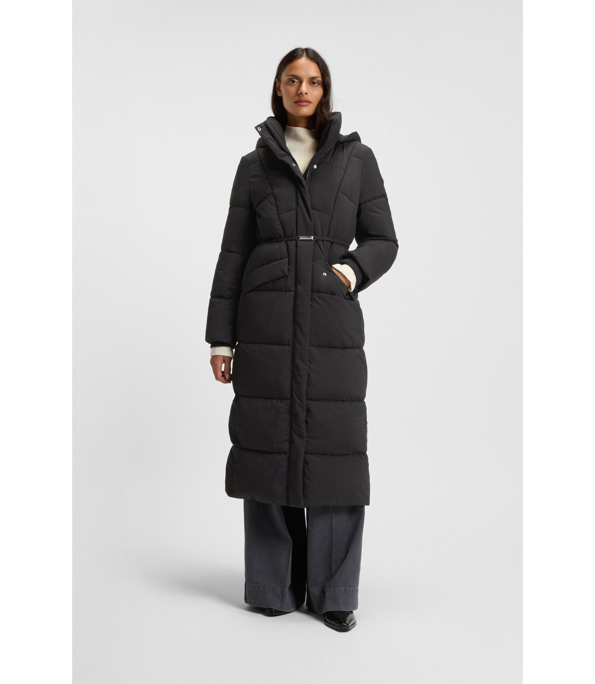 BOSS - ロング パデッドコート メタリックベルトディテール - ブラック