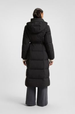 Long-length padded coat with metallic belt detail, Black