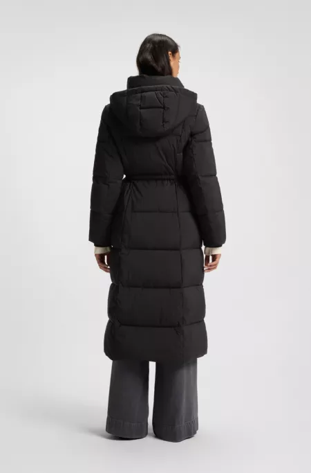 Long-length padded coat with metallic belt detail
