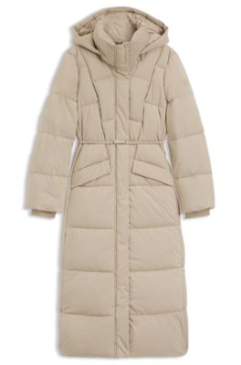 Long-length padded coat with metallic belt detail, Light Beige