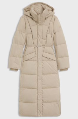 Long-length padded coat with metallic belt detail, Light Beige