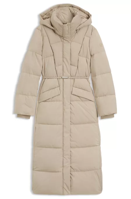 Long-length padded coat with metallic belt detail