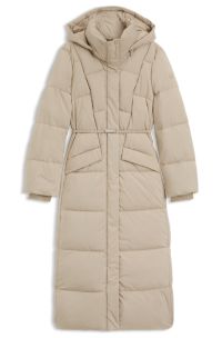 Manteau long matelass&eacute; avec ceinture m&eacute;tallique, Beige clair