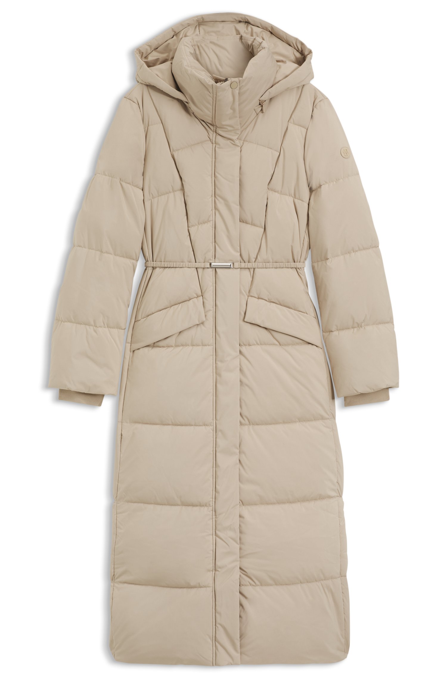 Boss Long-length padded coat with metallic belt detail kappor & rockar dam