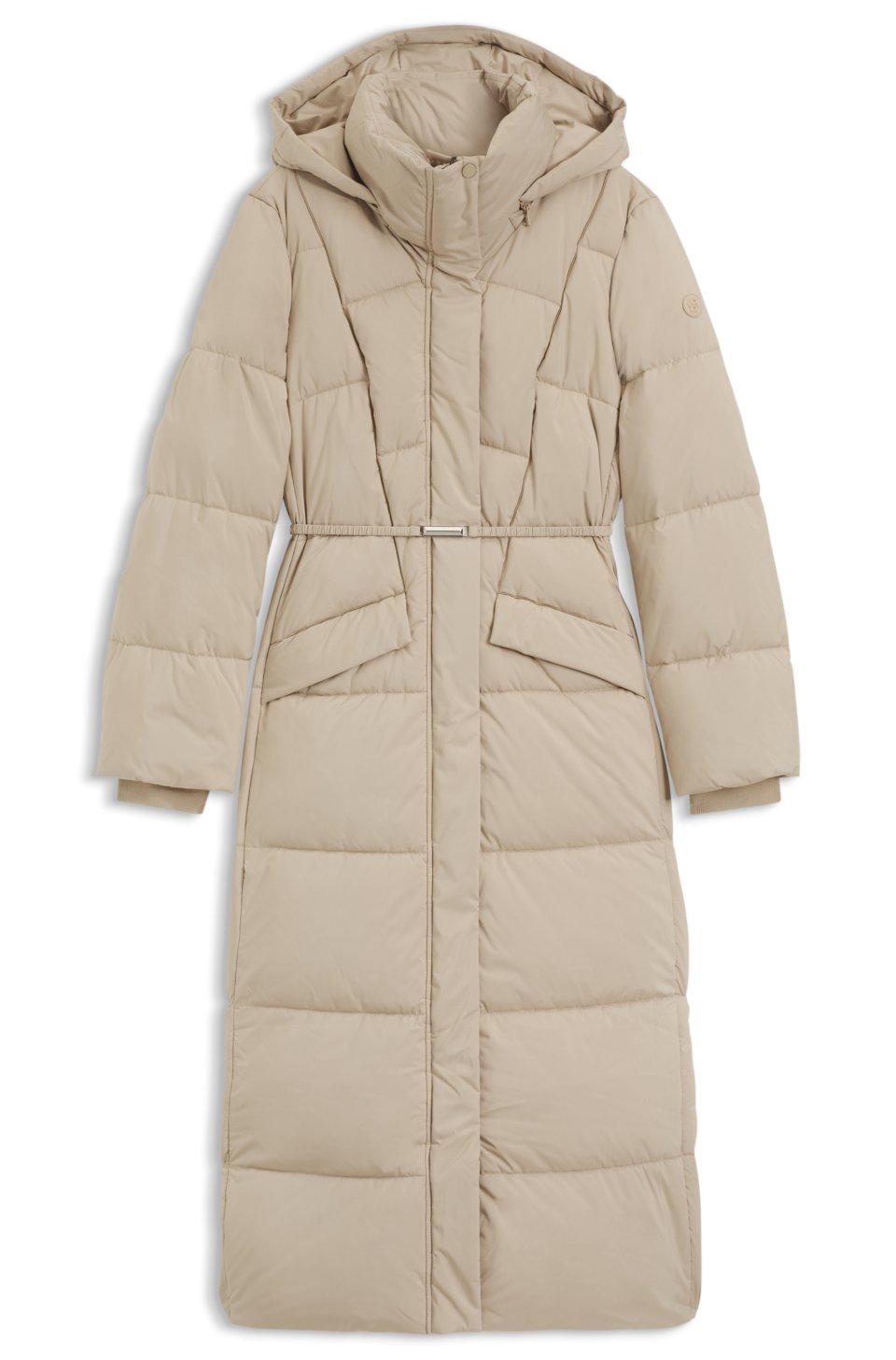 Long-length padded coat with metallic belt detail