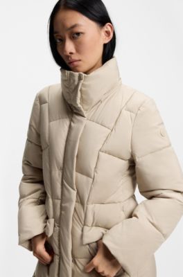Long-length padded coat with metallic belt detail, Light Beige