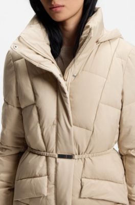 Long-length padded coat with metallic belt detail, Light Beige